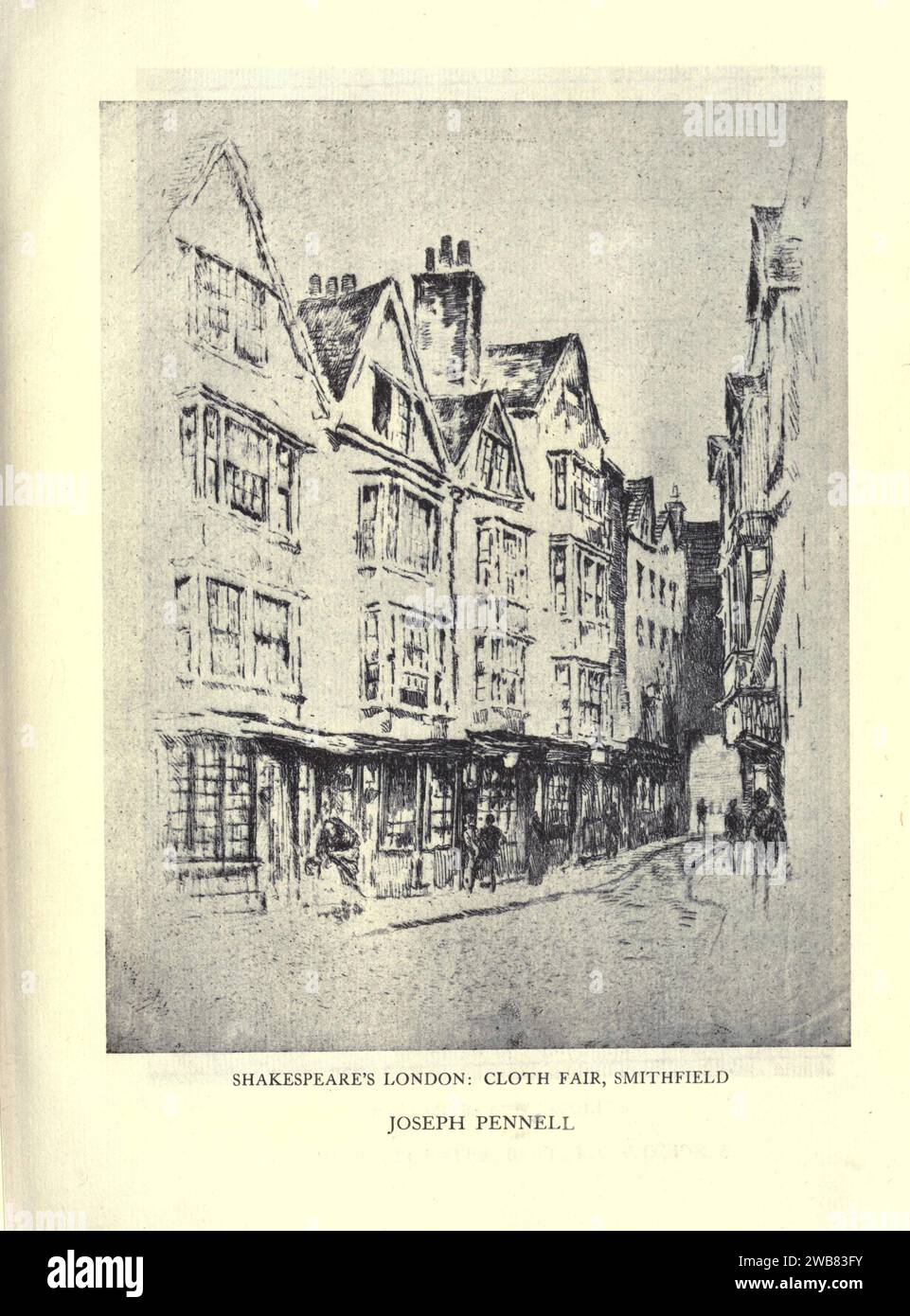 Shakespeare's London — Cloth Fair, Smithfield di JOSEPH PENNELL da Un tributo al genio di William Shakespeare; essere il programma di una rappresentazione al Drury Lane Theatre il 2 maggio 1916, il tercentenario della sua morte; umilmente offerto dai giocatori e dai loro colleghi nelle arti affini della musica e della pittura MACMILLAN AND CO., LIMITED ST. MARTIN'S STREET, LONDRA 1916 Foto Stock