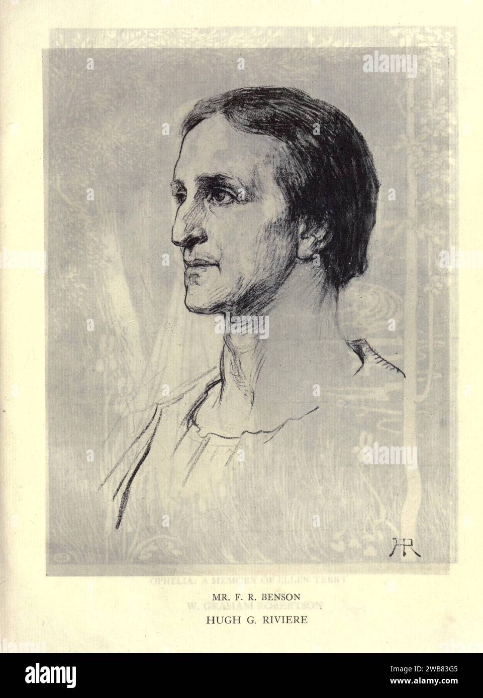 Ritratto di Mr. F. R. Benson [Sir Francis Robert Benson] di HUGH G. RIVIER da Un tributo al genio di William Shakespeare; essere il programma di una rappresentazione al Drury Lane Theatre il 2 maggio 1916, il tercentenario della sua morte; umilmente offerto dai giocatori e dai loro colleghi nelle arti affini della musica e della pittura MACMILLAN AND CO., LIMITED ST. MARTIN'S STREET, LONDRA 1916 Foto Stock