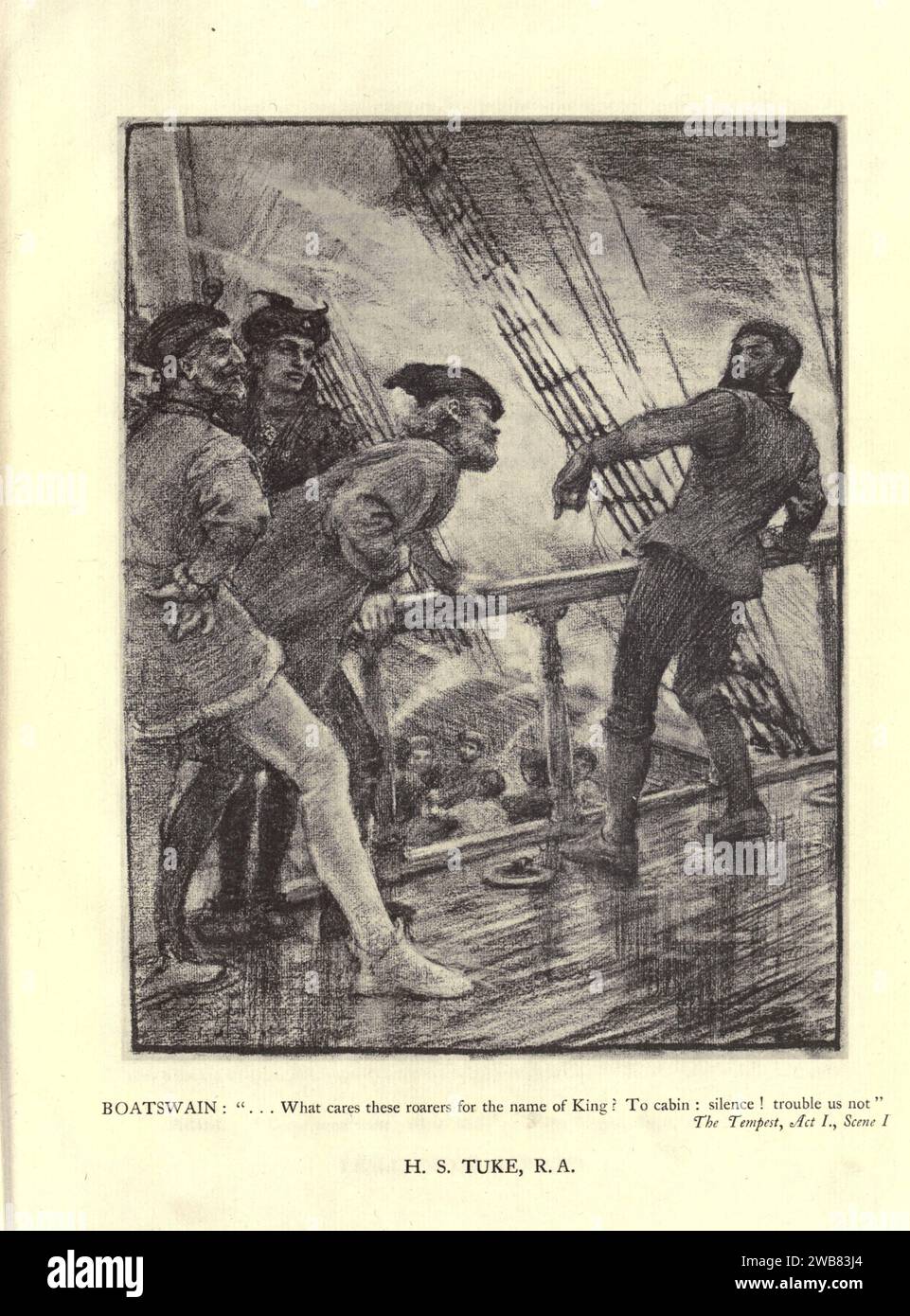 Boatswain cosa importa a questi ruggenti del nome di re? Alla cabina: Silenzio! non ci disturba. Gonzalo. Bene, ma ricordati chi sei a bordo. Boatswain. Nessuno che amo più di me stesso, ecc.. The Tempest, atto i. SC. i From A Tribute to the Genius of William Shakespeare; essendo il programma di una performance al Drury Lane Theatre il 2 maggio 1916, il tercentenario della sua morte; umilmente offerto dai giocatori e dai loro colleghi nelle arti affini della musica e della pittura MACMILLAN AND CO., LIMITED ST. MARTIN'S STREET, LONDRA 1916 Foto Stock