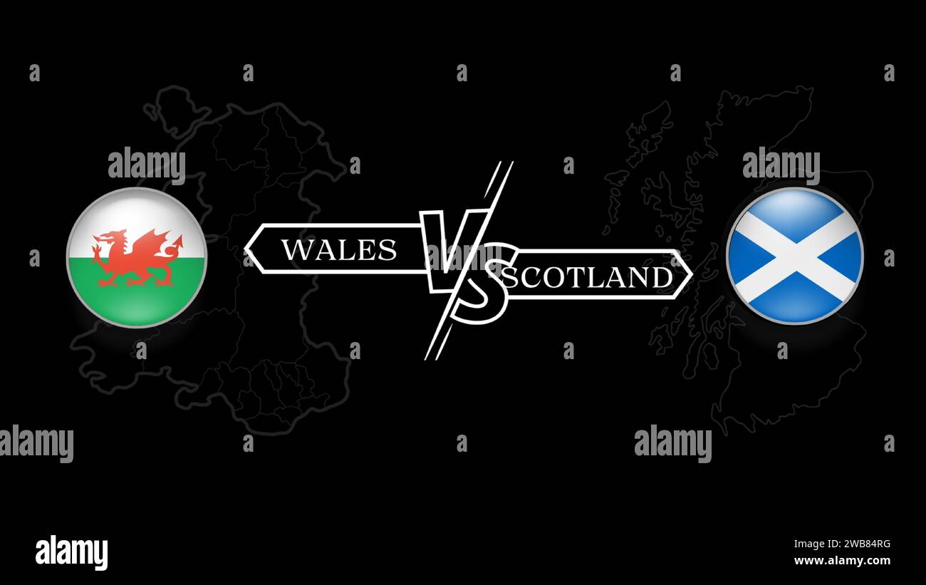 galles contro Scozia nel quinto round del torneo di rugby, bandiera del paese a forma di cerchio e mappa del paese su sfondo nero. Modello vettoriale. Illustrazione Vettoriale
