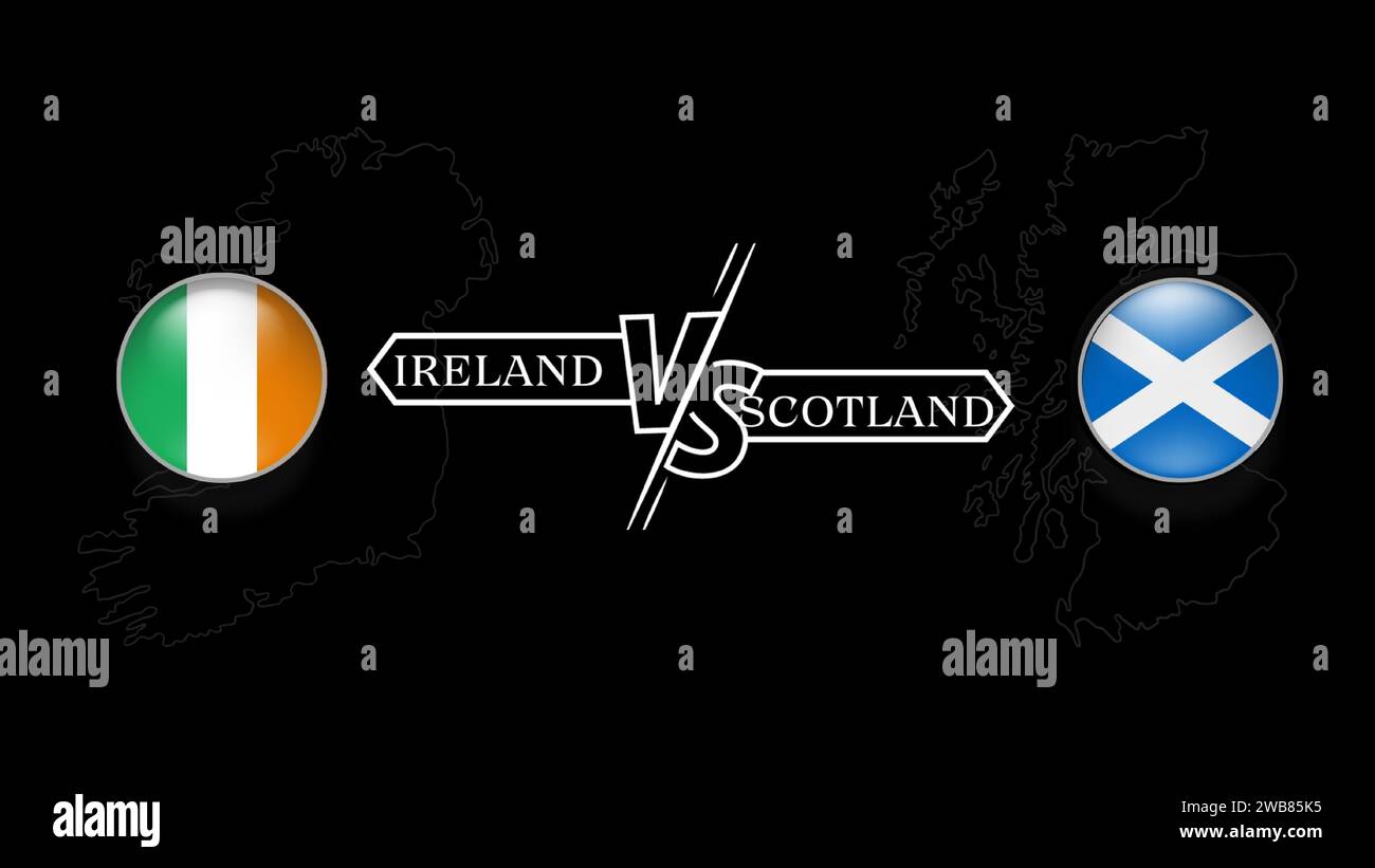 Irlanda contro Scozia nel primo round del torneo di rugby, bandiera del paese a forma di cerchio e mappa del paese su sfondo nero. Modello vettoriale. Illustrazione Vettoriale
