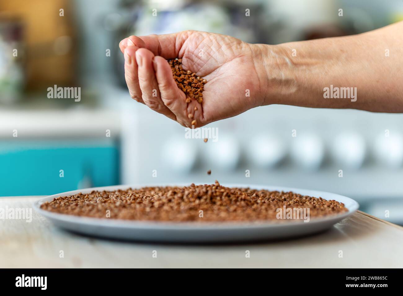 Semola di grano saraceno in un piatto e in mani femminili sullo sfondo della cucina. Caduta di grani di grano saraceno su un piatto Foto Stock