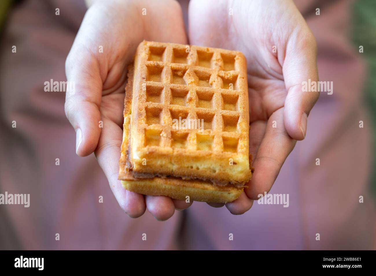 Coltivatore con appetitosi waffle belgi dolci e cioccolato Foto Stock