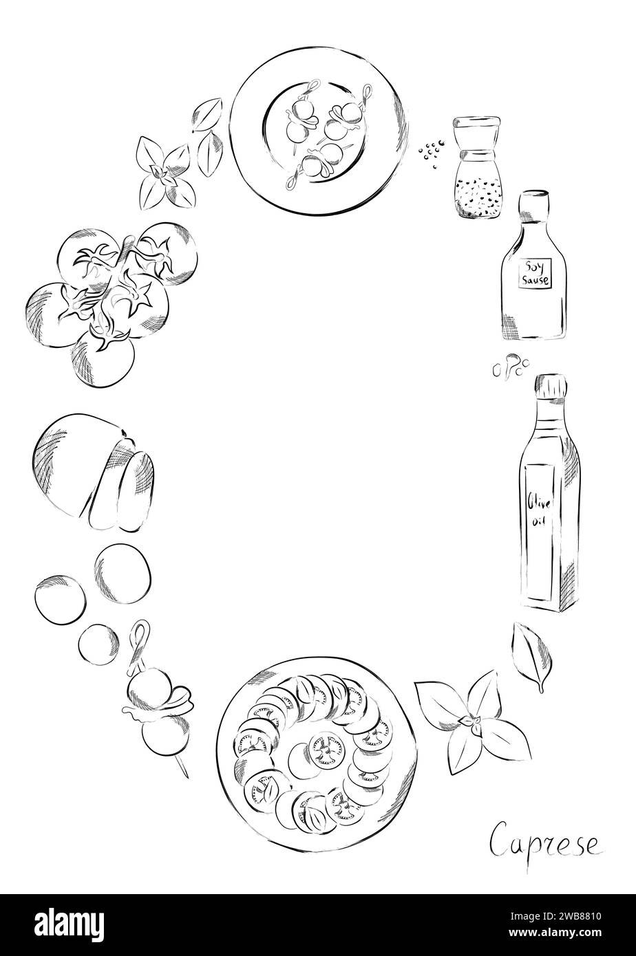 Illustrazione grafica di pomodori e olive a poster vettoriale disegnato a mano. Stampa con ingredienti per il ristorante italiano o il menu di piatti mediterranei. Caprese S Foto Stock