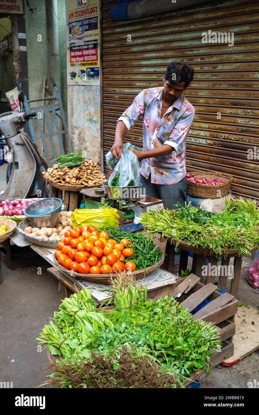 Mumbai, Maharashtra, India, Un greengrocer per strada, solo editoriale. Foto Stock