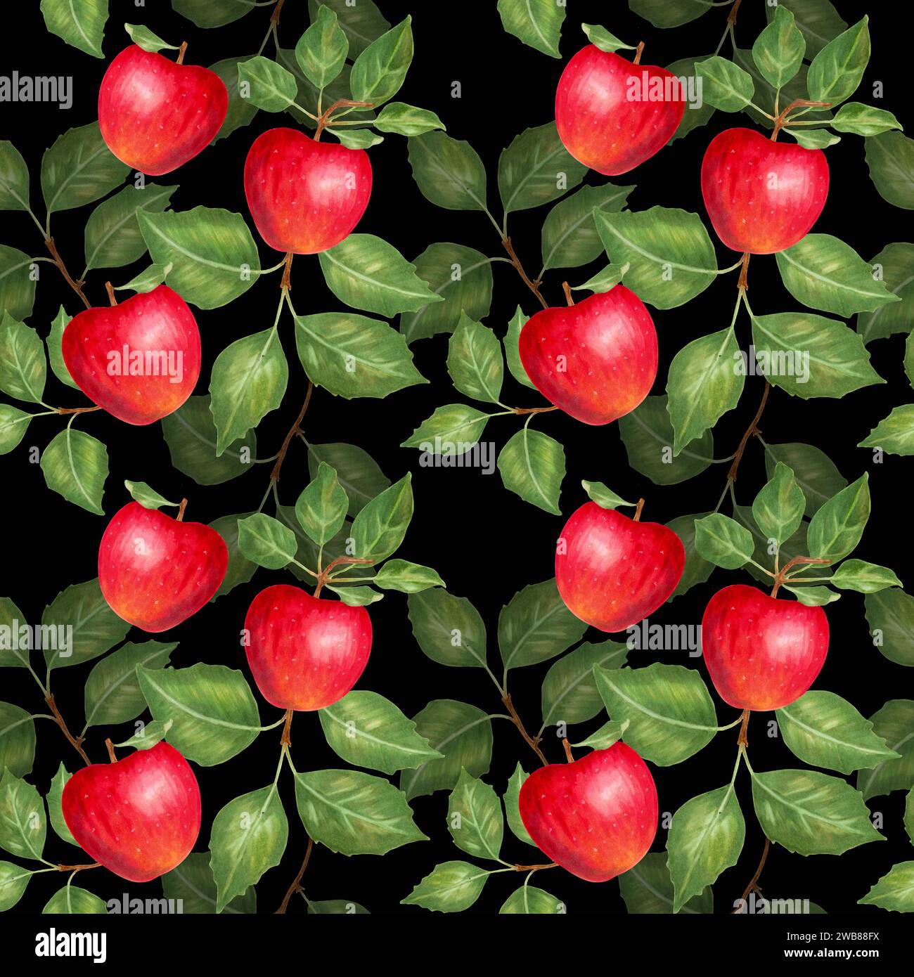 Frutta senza cuciture di mele rosse e foglie su fondo nero. Illustrazione disegnata a mano con acquerello e marcatore.texture per cibo sano Foto Stock