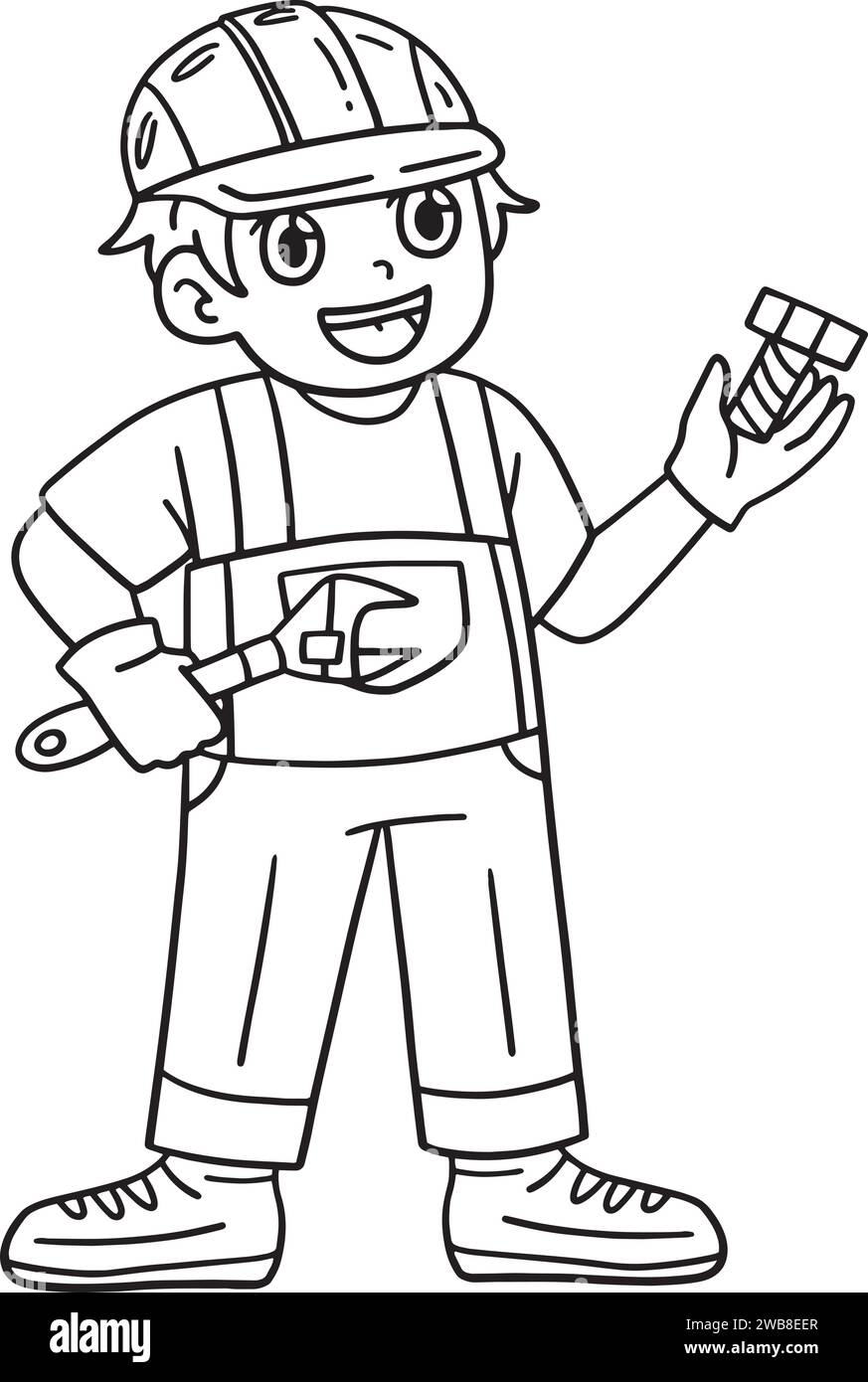 Operaio edile con chiave e bullone isolati Illustrazione Vettoriale