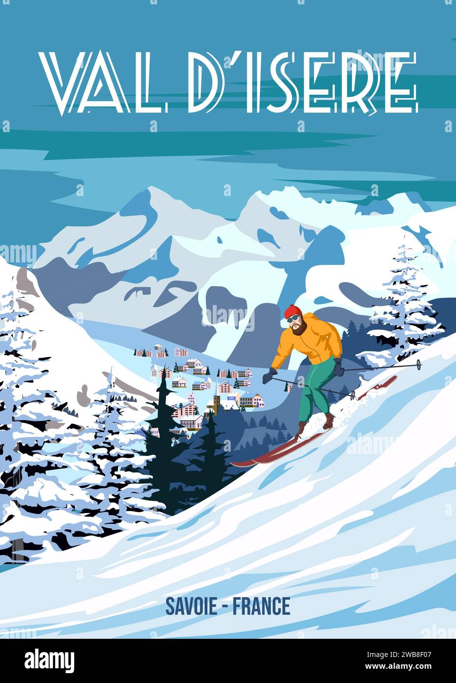 Poster di viaggio Ski Val d'Isere resort vintage. Carta di viaggio per paesaggi invernali in Francia Illustrazione Vettoriale