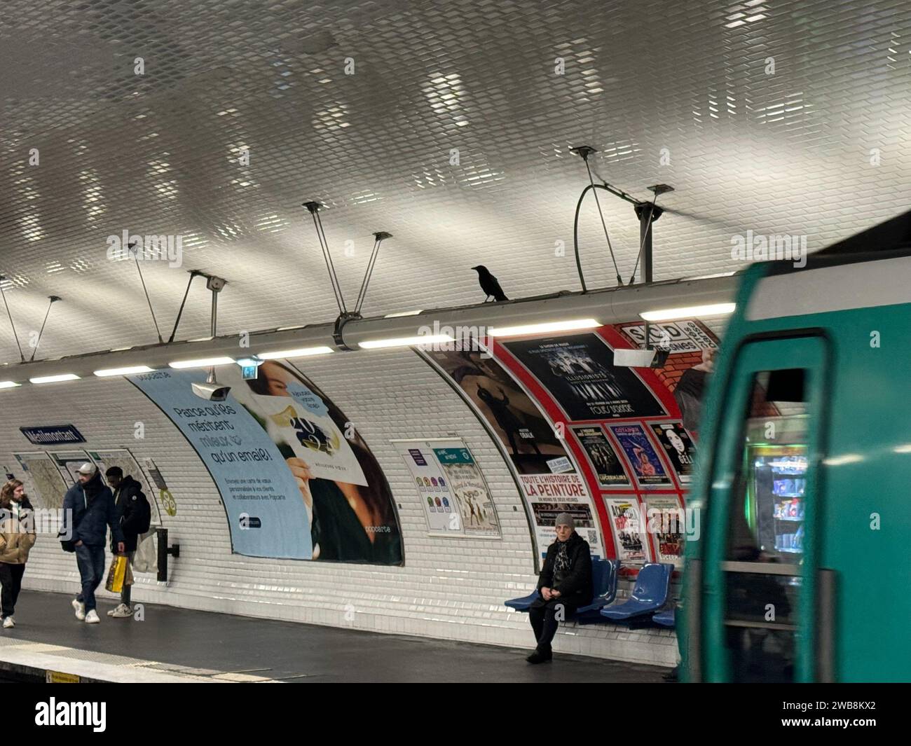 Parigi, Francia. 6 gennaio 2024. © PHOTOPQR/LE PARISIEN/Paul Abran ; Parigi ; 06/01/2024 ; Station de métro de Ménilmontant (XXe), gennaio 2024. Depuis deux mois, une corneille vit au-dessus du quai. Elle S'est habituée à son nouvel Environnement. - Stazione metro Ménilmontant (XX secolo), gennaio 2024. Per due mesi, un corvo vive sopra la piattaforma. Si è abituata al suo nuovo ambiente. Parigi, Francia 6 gennaio 2024 crediti: MAXPPP/Alamy Live News Foto Stock