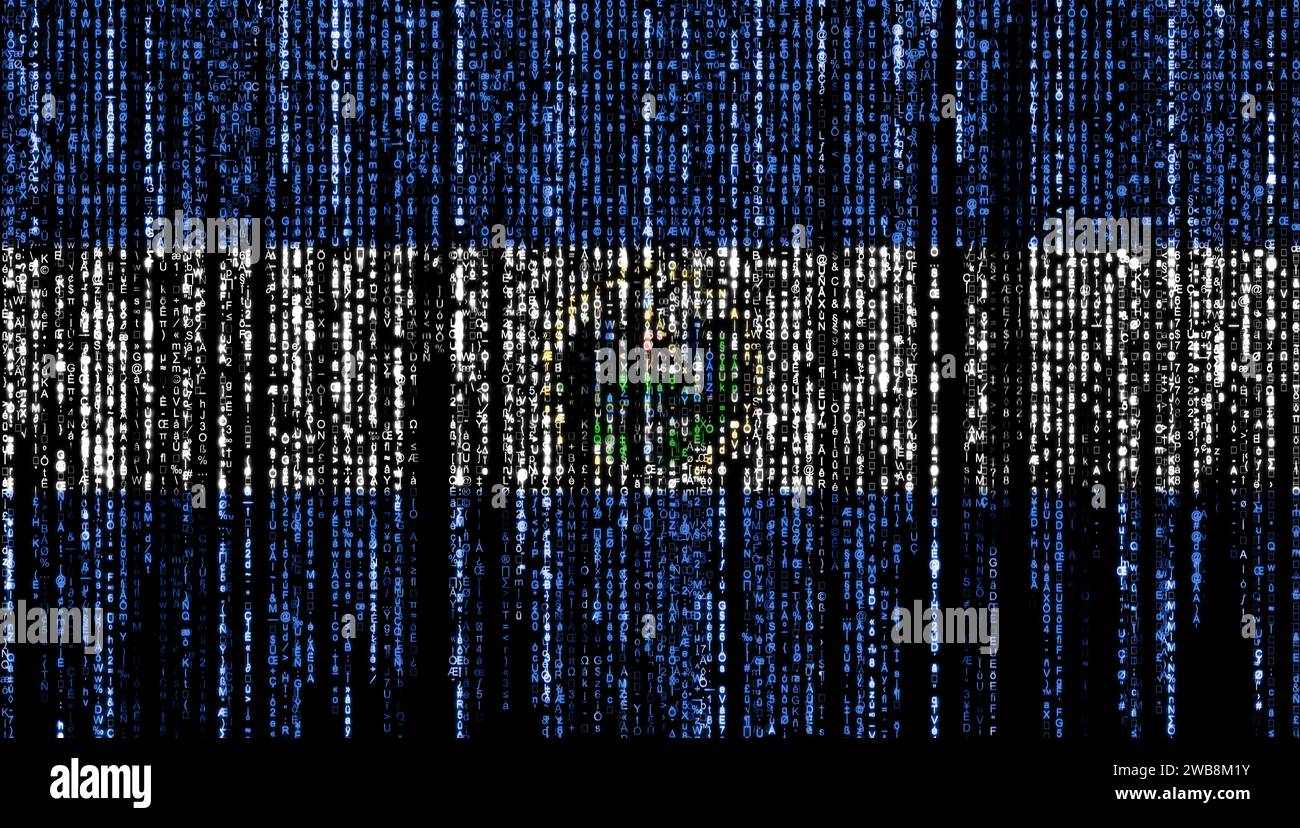 Bandiera di El Salvador su un computer codici binari che cadono dall'alto e svaniscono. Foto Stock