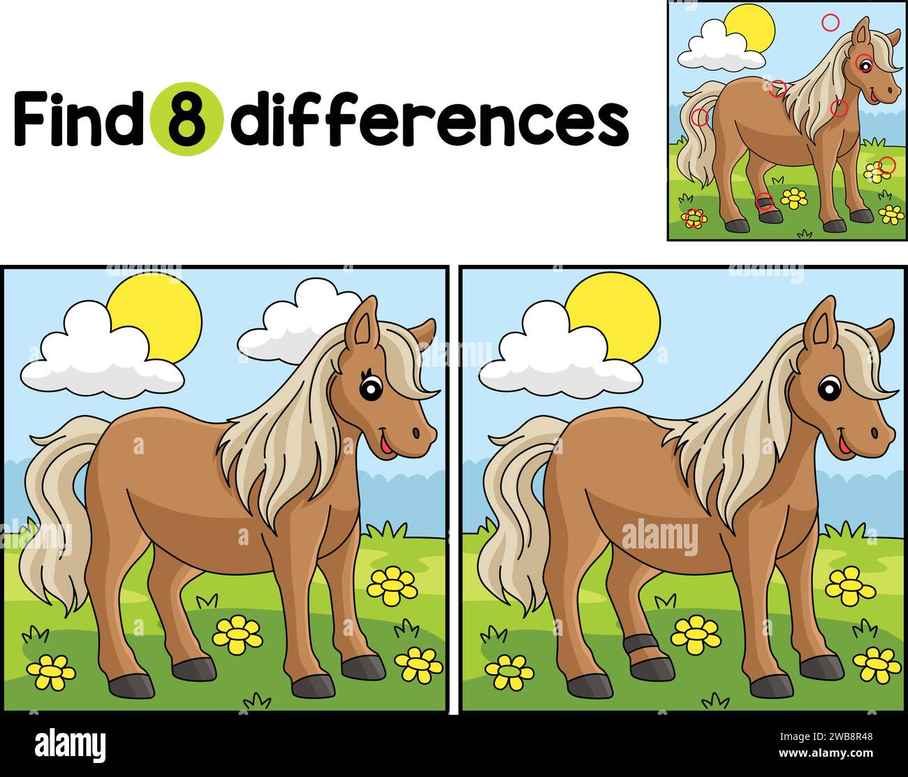 Pony Animal trova le differenze Illustrazione Vettoriale