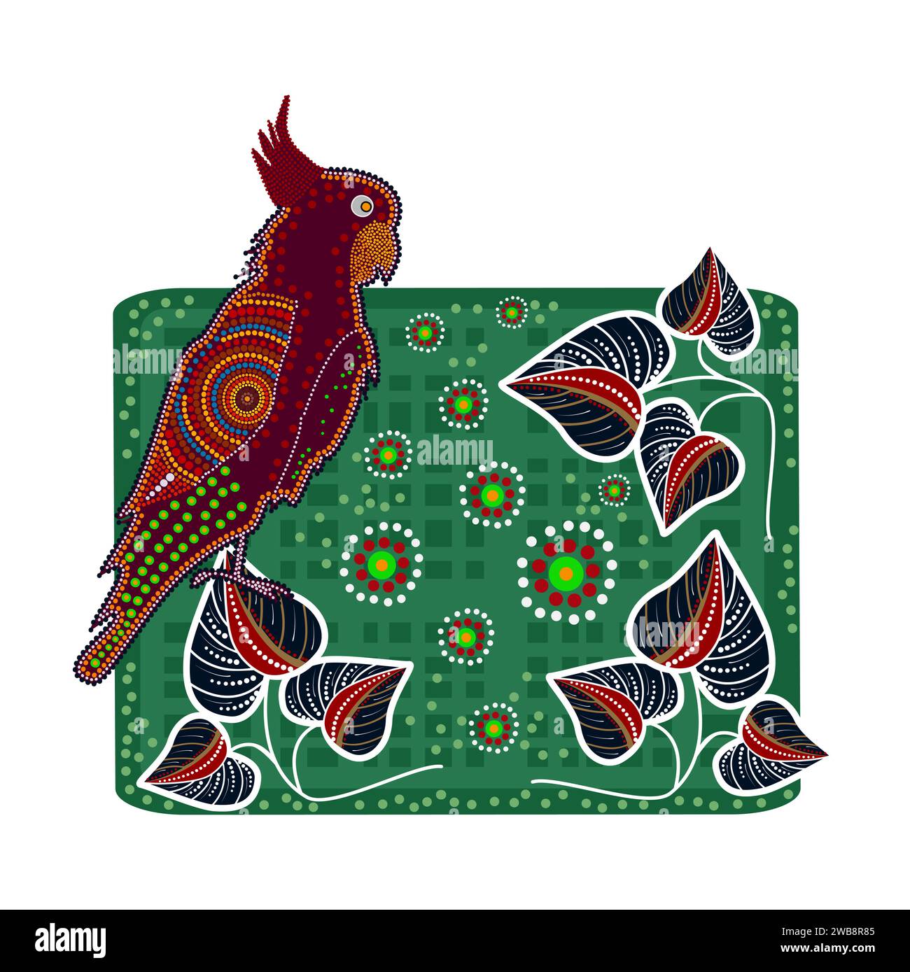 Cockatoo in stile aborigeno australiano. Pappagallo e foglie in Australia aborigeni a punti che dipingono lo stile artistico. Decorativo etnico tribale kakadu Illustrazione Vettoriale