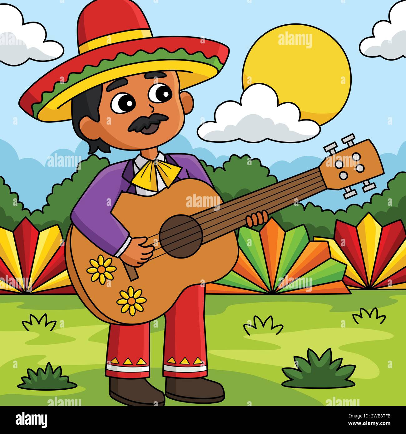Cinco de Mayo Mexican Boy con Guitar Colored Illustrazione Vettoriale