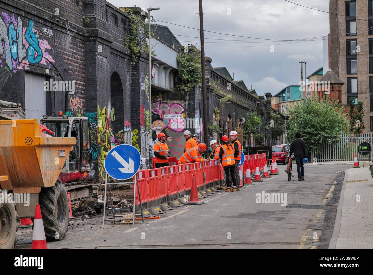 Lavori di costruzione intorno ai vecchi archi della stazione ferroviaria Grand Central vicino a Frog Island, Leicester. Foto Stock