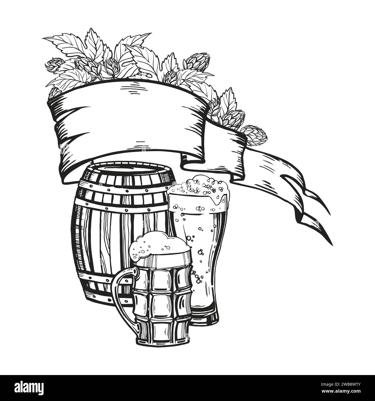 Composizione vettoriale disegnata a mano con botte di legno, birra, bicchieri da birra, vecchio nastro striscione e rami di pianta di luppolo, illustrazione in bianco e nero dell'ape Illustrazione Vettoriale