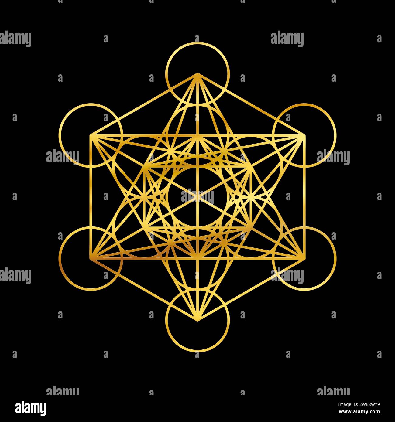 Simbolo in oro cubo Metatron isolato su sfondo nero. Geometria sacra simbolo dorato. Foto Stock