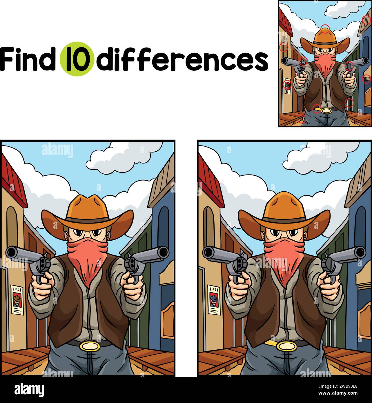 Cowboy Pointing Gun trova le differenze Illustrazione Vettoriale