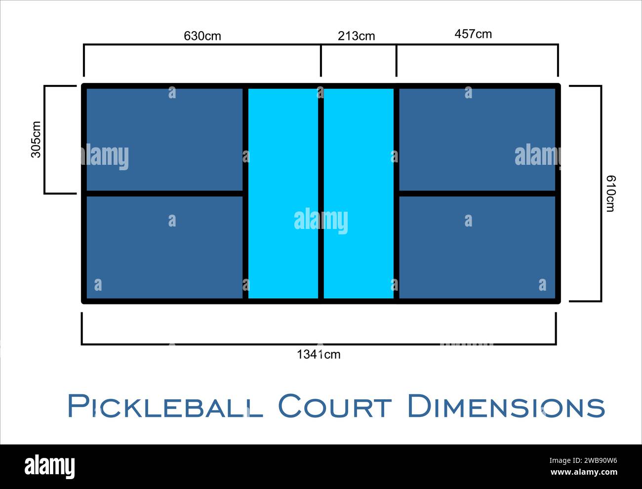 Campo da Pickleball dimensioni misure in centimetri vista dall'alto Illustrazione Vettoriale