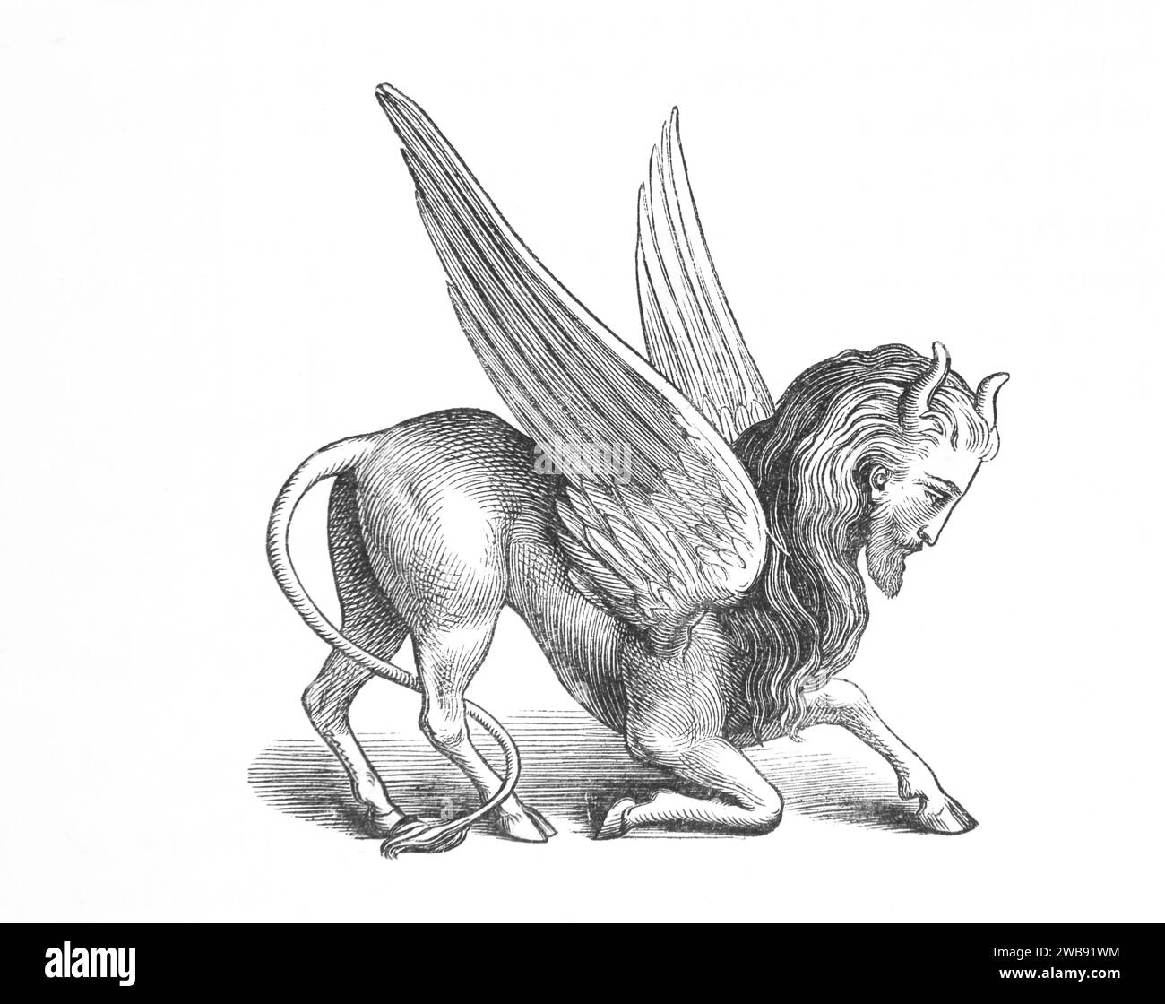 Un'incisione in legno di un simbolo Cherubico con un corpo di cavallo, coda di leone, ali, volto umano con corna dalla Bibbia di famiglia illustrata Foto Stock