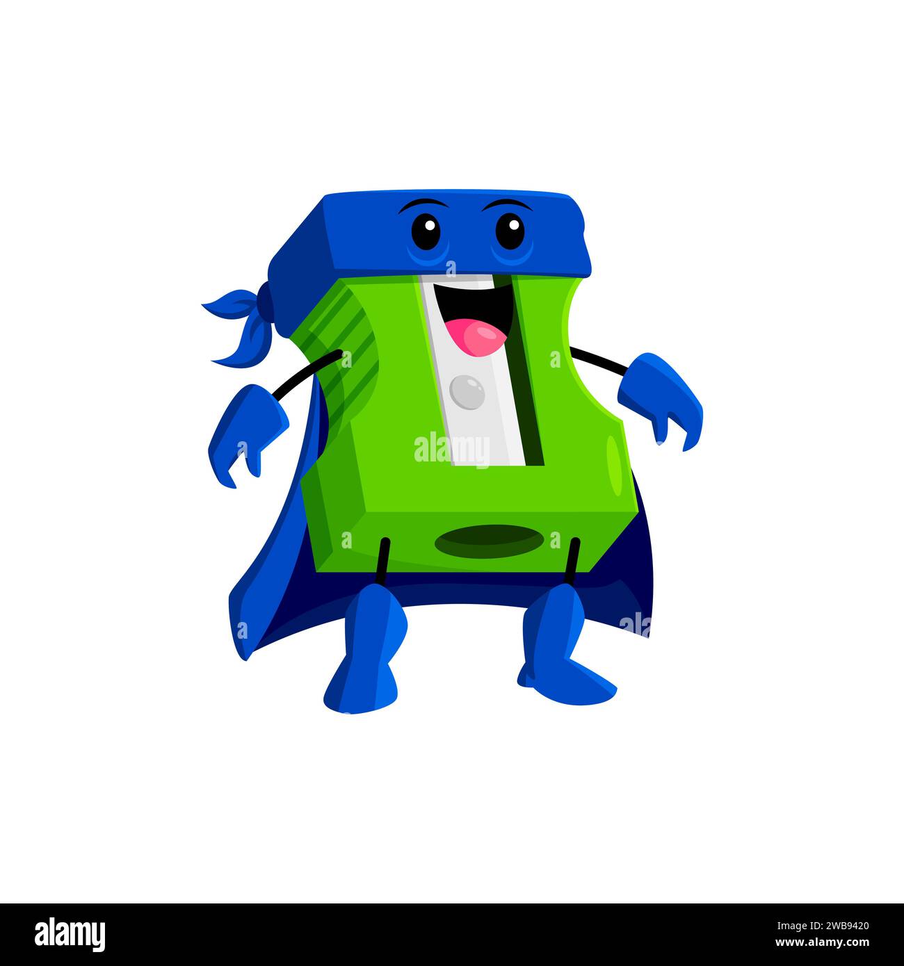 Temperamatite cartoni animati fornitura scuola supereroe e personaggio difensore. Personaggio isolato della cancelleria vettoriale con sorriso allegro, con mascherina e mantello, pronto ad affilare le matite con la massima velocità Illustrazione Vettoriale