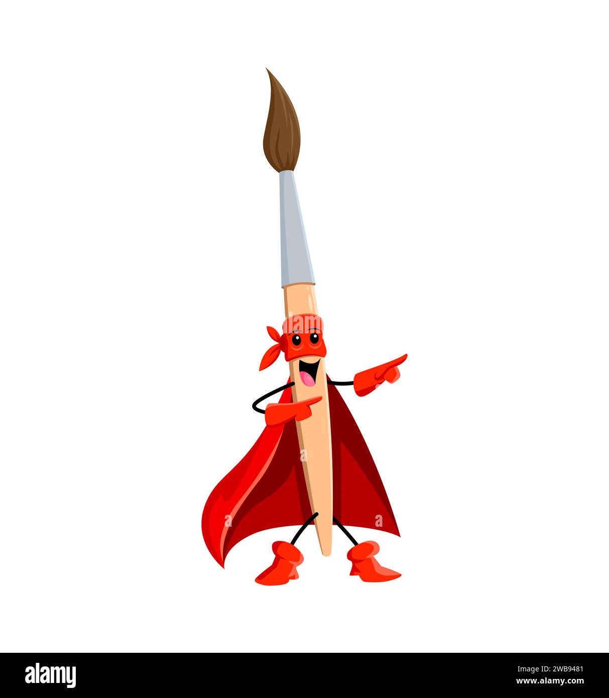 Cartoni animati pennello scuola fornitura supereroe e personaggio difensore. Il personaggio isolato di un pennello vettoriale indossa un mantello e una maschera da supereroe rossi, insegna la creatività e salva la classe artistica con un colpo di genio Illustrazione Vettoriale