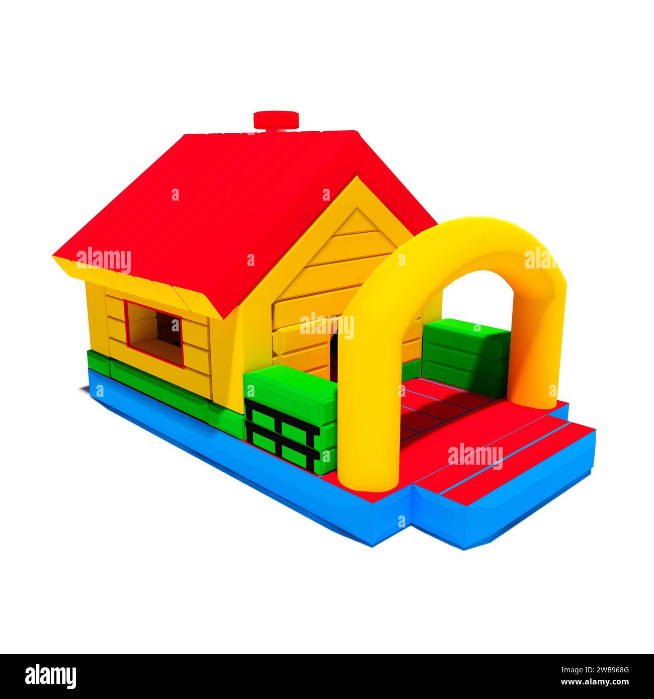Casa del castello rimbalzante isolata su sfondo bianco. Illustrazione del rendering 3D. Foto Stock