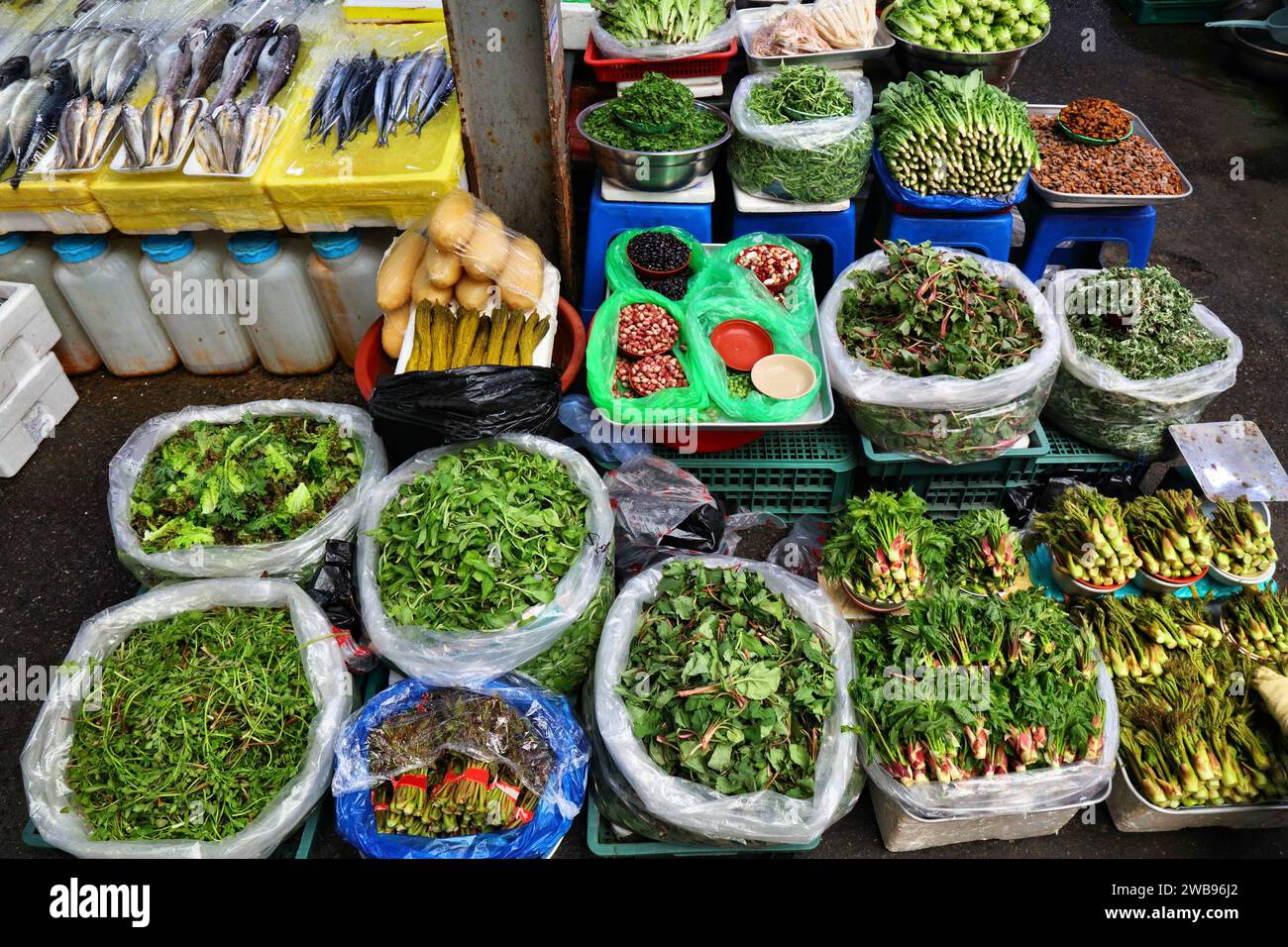 Cucina coreana al tradizionale mercato di Gwangjang nel quartiere Jongno di Seoul, Corea del Sud. Verdure verdi compreso il dureup, noto anche come fatsia. Foto Stock