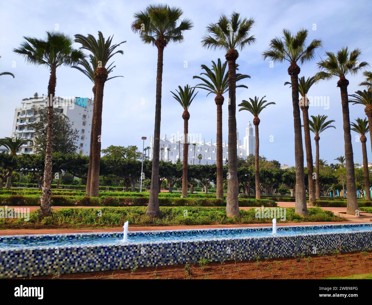 Parco della Lega Araba a Casablanca, Marocco. Palme e fontane. Foto Stock