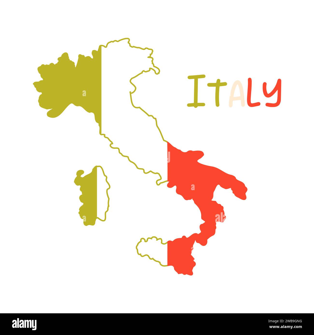 Mappa italiana piena di colori bandiera. Famoso paese turistico in europa, illustrazione vettoriale di cartoni animati Illustrazione Vettoriale