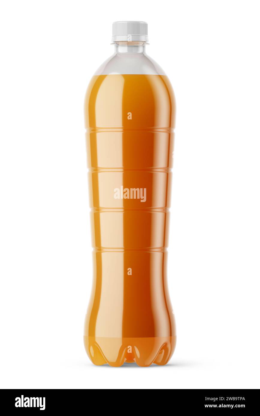 Mockup di bottiglie di succo di plastica e bibite con etichette vuote isolate sullo sfondo. Rendering 3D. Foto Stock