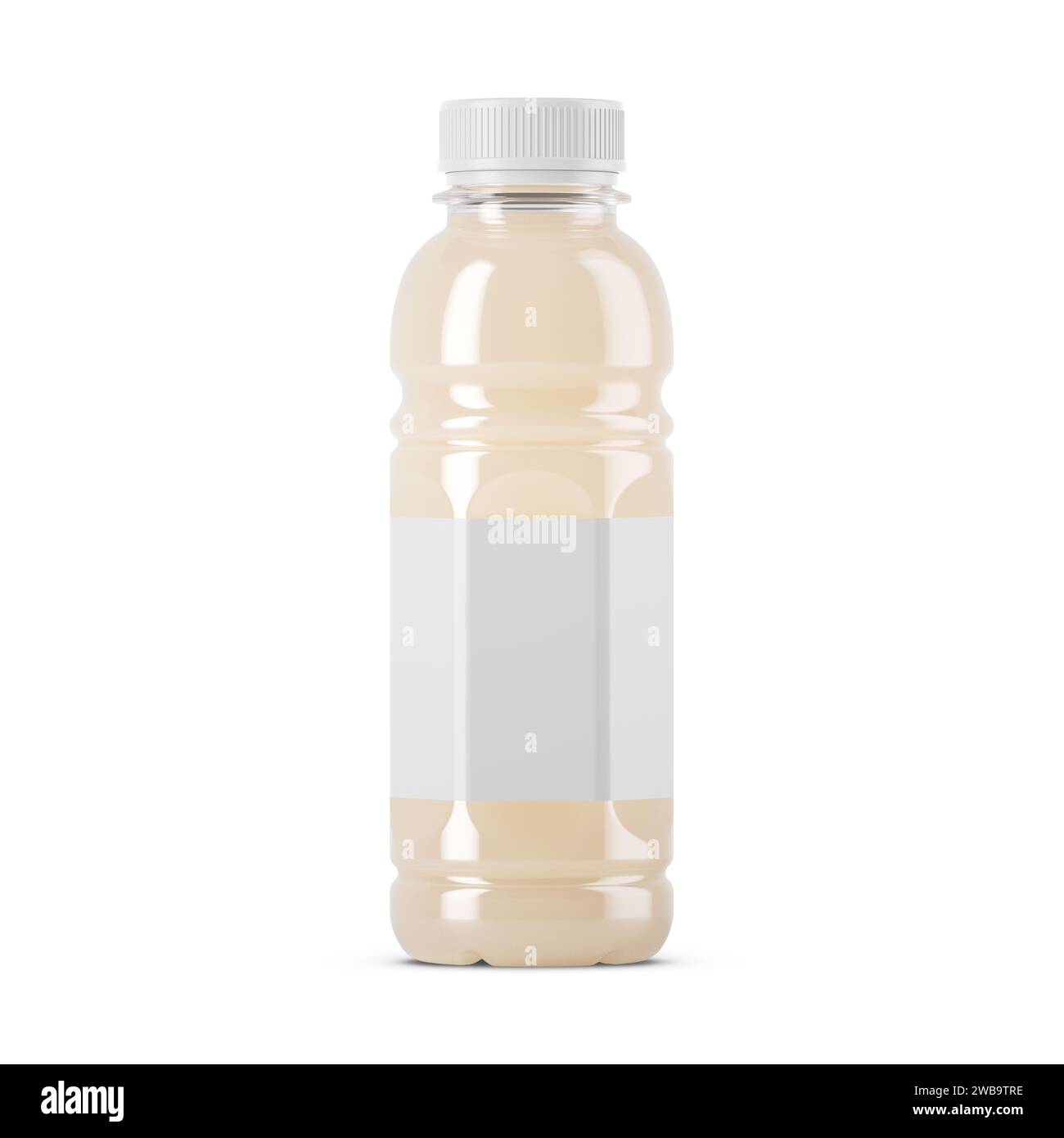 Mockup di bottiglie di succo di plastica e bibite con etichette vuote isolate sullo sfondo. Rendering 3D. Foto Stock