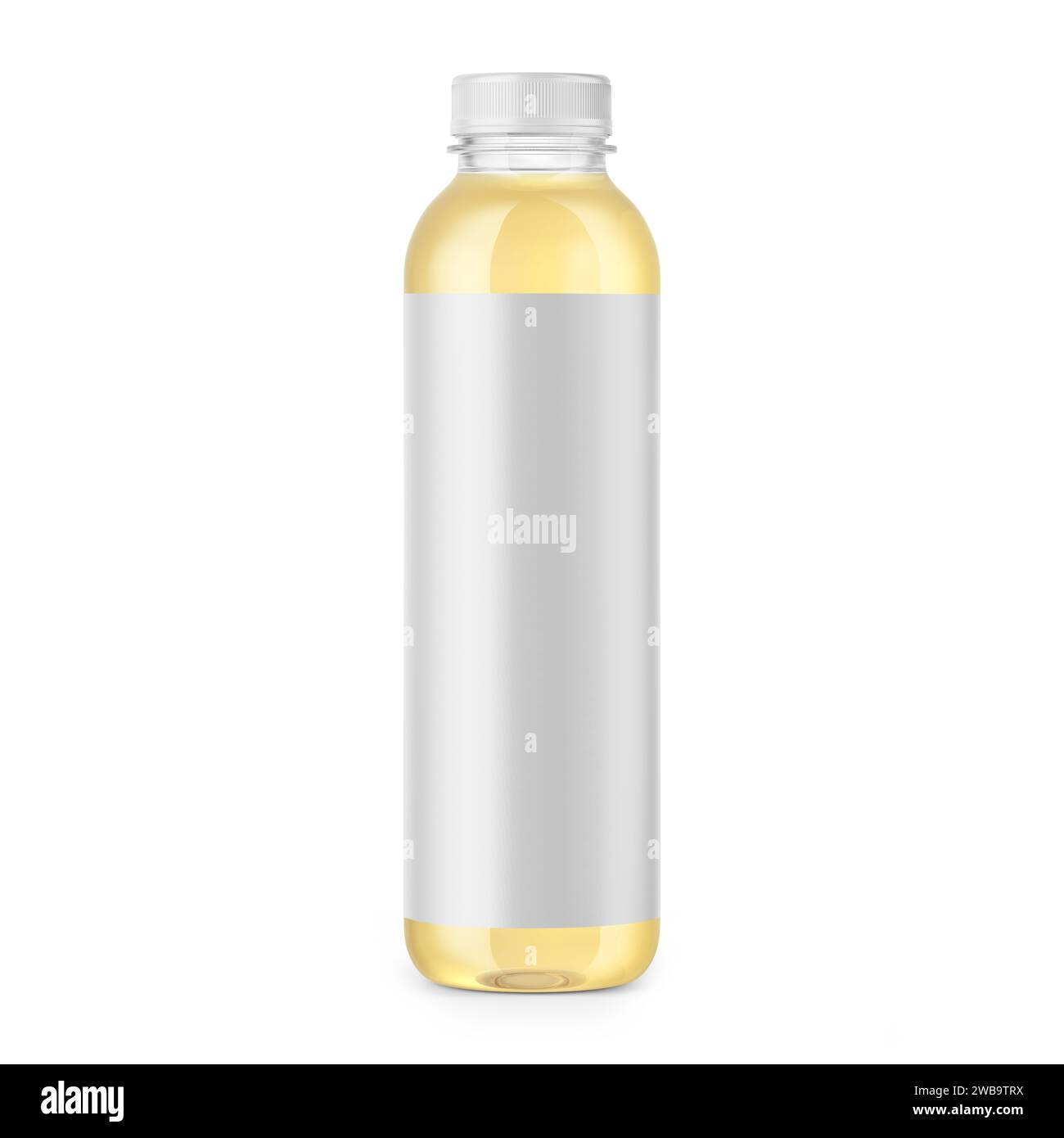 Mockup di bottiglie di succo di plastica e bibite con etichette vuote isolate sullo sfondo. Rendering 3D. Foto Stock