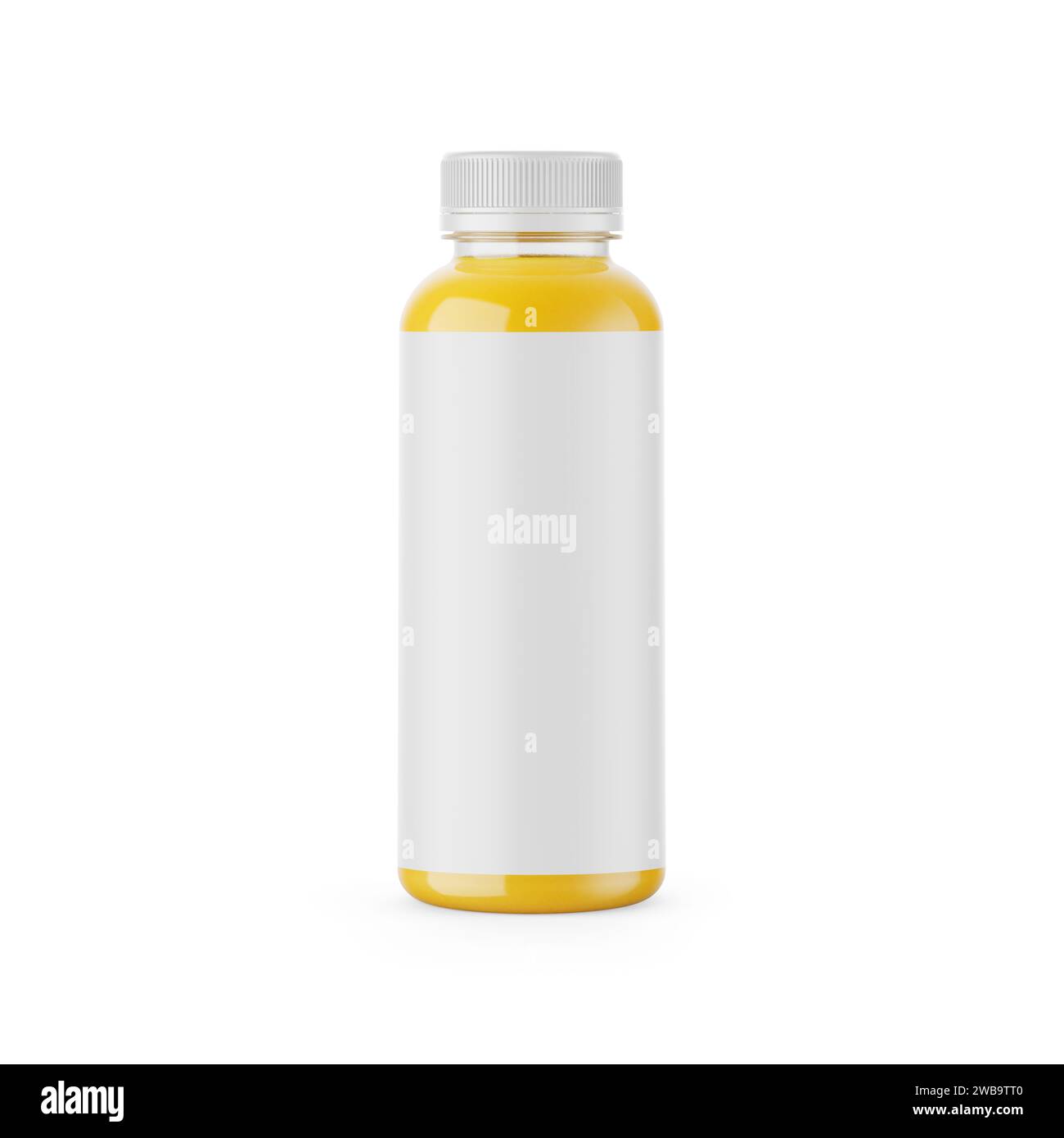 Mockup di bottiglie di succo di plastica e bibite con etichette vuote isolate sullo sfondo. Rendering 3D. Foto Stock