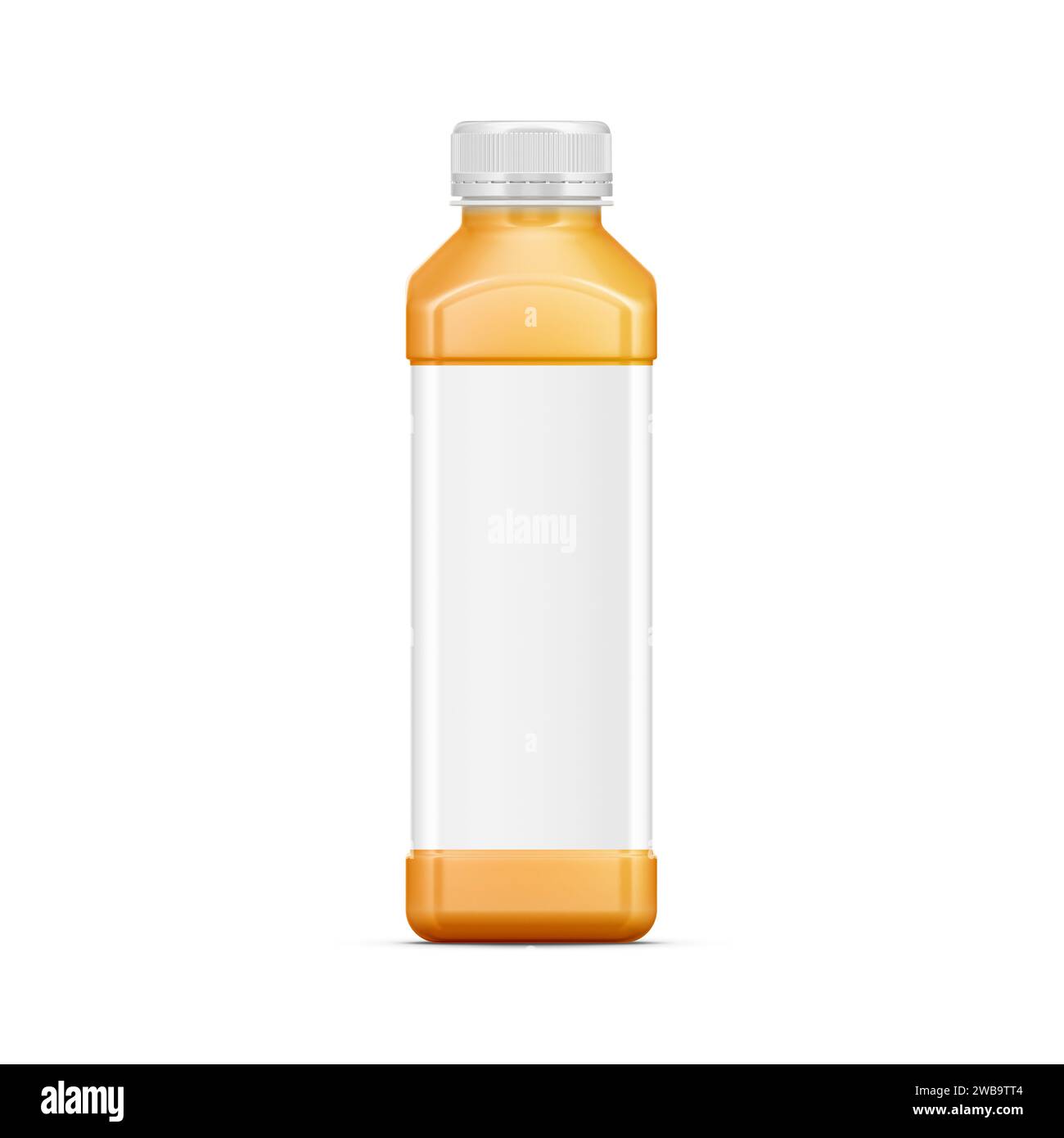 Mockup di bottiglie di succo di plastica e bibite con etichette vuote isolate sullo sfondo. Rendering 3D. Foto Stock
