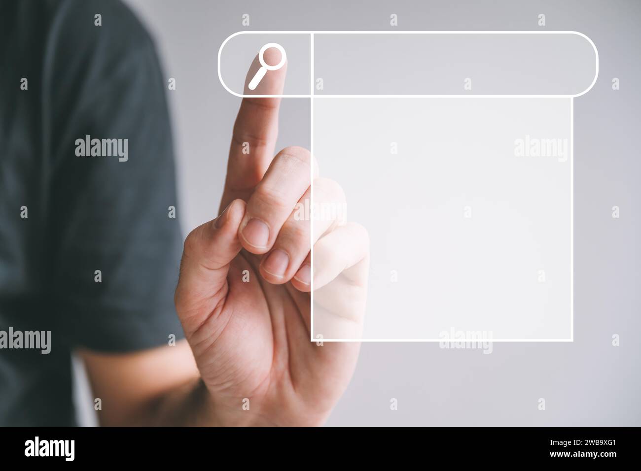 Pulsante di ricerca su schermo virtuale, ottimizzazione dei motori di ricerca SEO e concetto di tecnologia di ricerca dei dati, messa a fuoco selettiva Foto Stock