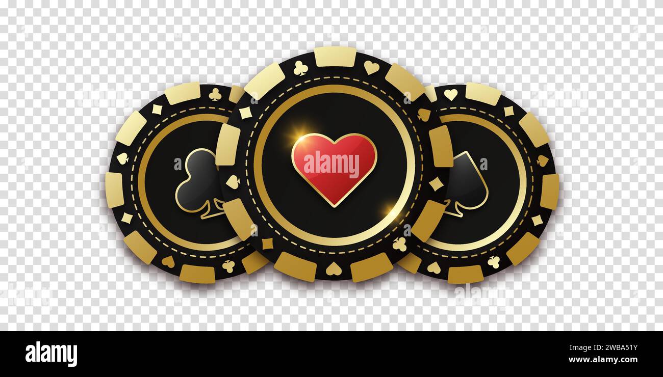 Moneta da gioco con cuori completi. Trio di chip o gettone da gioco. Chip da gioco realistico con la tuta di cuori al centro, gettoni da gioco. Banner Illustrazione Vettoriale