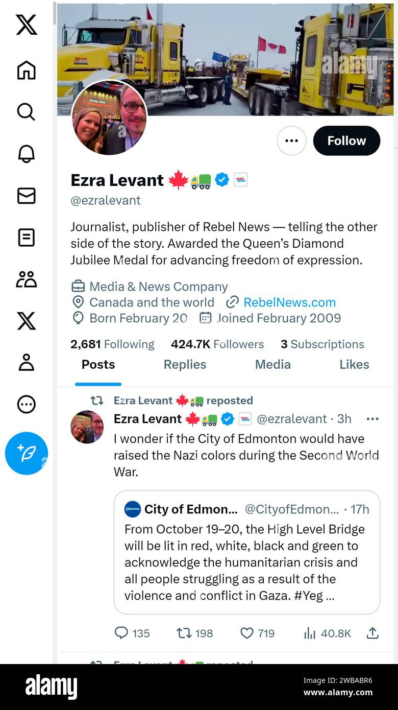 'X' - precedentemente Twitter - pagina (ottobre 2023) di Ezra Levant Foto Stock