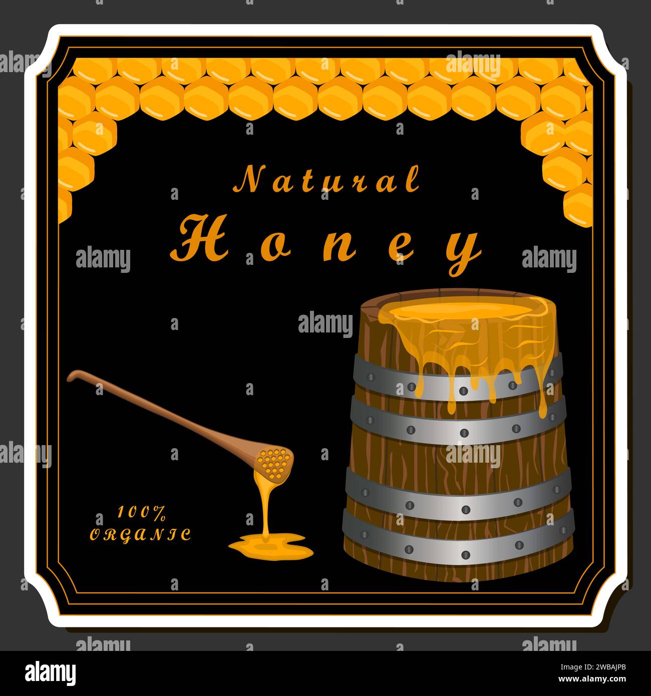 Goccia di miele di ape gocciola da honeycombs esagonali riempito con nettare dorato, honeycombs composizione estiva costituito da goccia di miele naturale, gocciola su wa Illustrazione Vettoriale