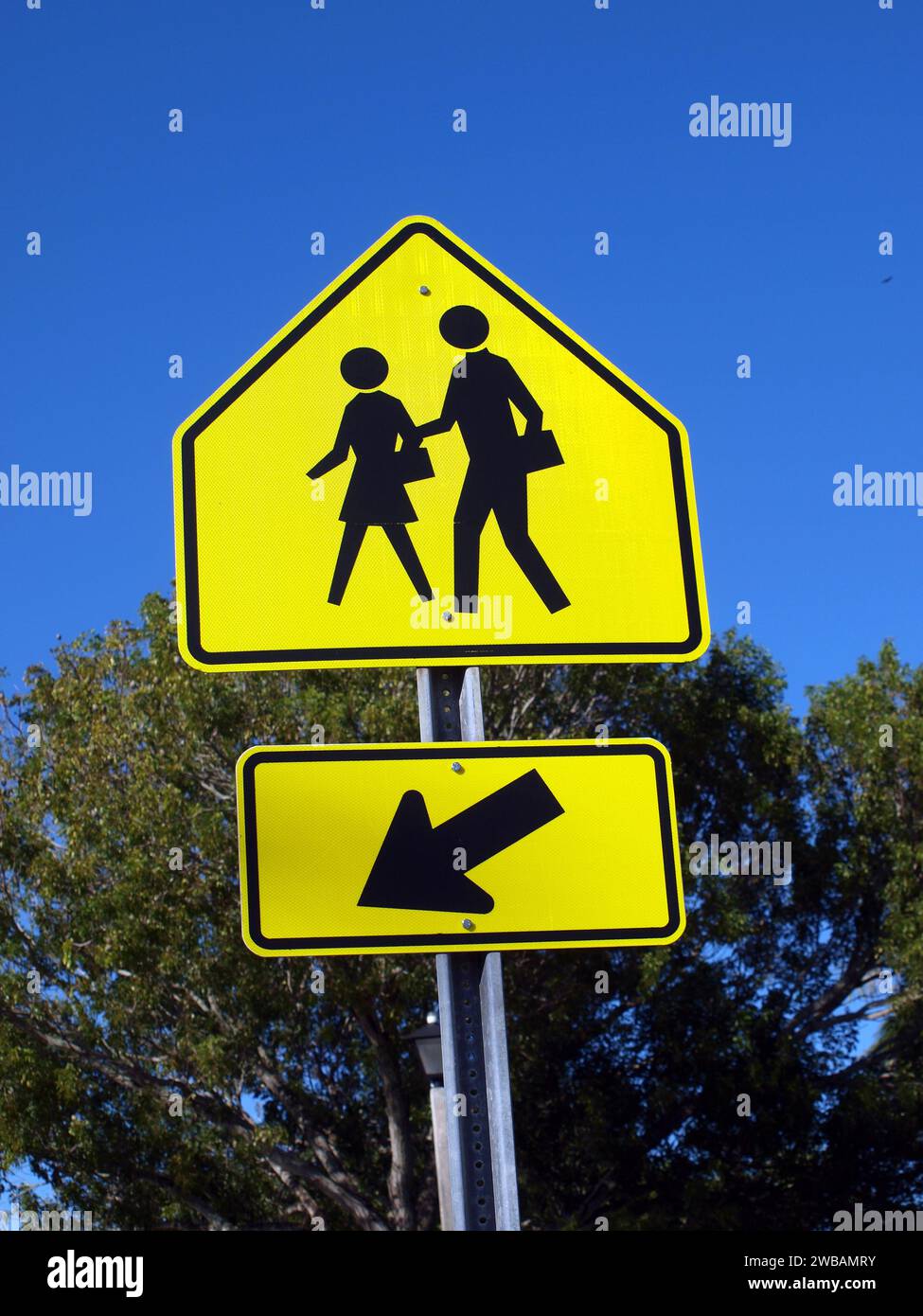 Cartello per il passaggio a scuola a Miami. Pedonale a destra. Foto Stock