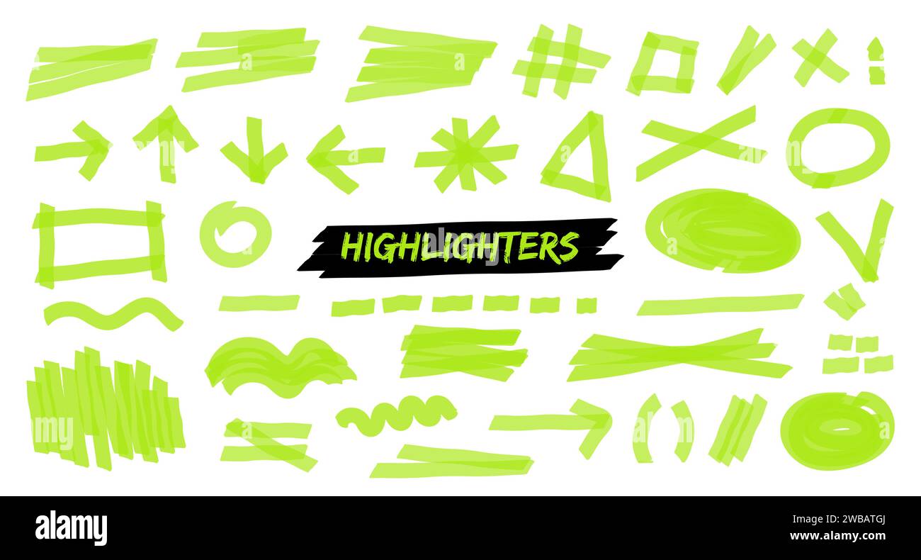 Sottolineature del pennello verde neon. elementi isolati. Illustrazione Vettoriale
