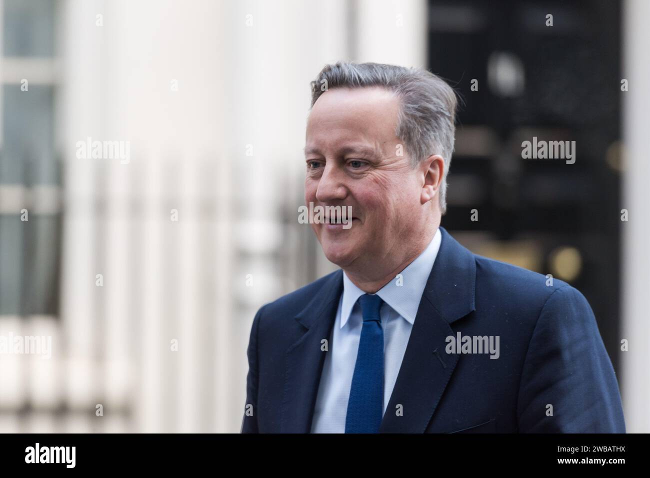 Londra, Regno Unito. 9 gennaio 2024. Il Segretario di Stato per gli affari esteri, del Commonwealth e dello sviluppo Lord Cameron lascia 10 Downing Street dopo aver partecipato alla riunione settimanale del Gabinetto. Credito: Wiktor Szymanowicz/Alamy Live News Foto Stock