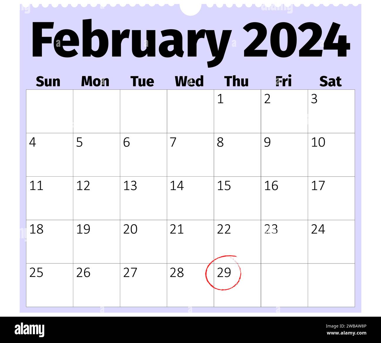 Calendario mensile di inizio domenica 2024 febbraio, Leap Day 29 febbraio cerchiato, Leap Year Concept Illustrazione Vettoriale