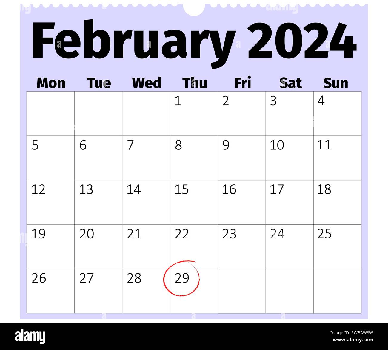 Calendario mensile di inizio lunedì 2024 febbraio, Leap Day 29 febbraio cerchiato, Leap Year Concept Illustrazione Vettoriale