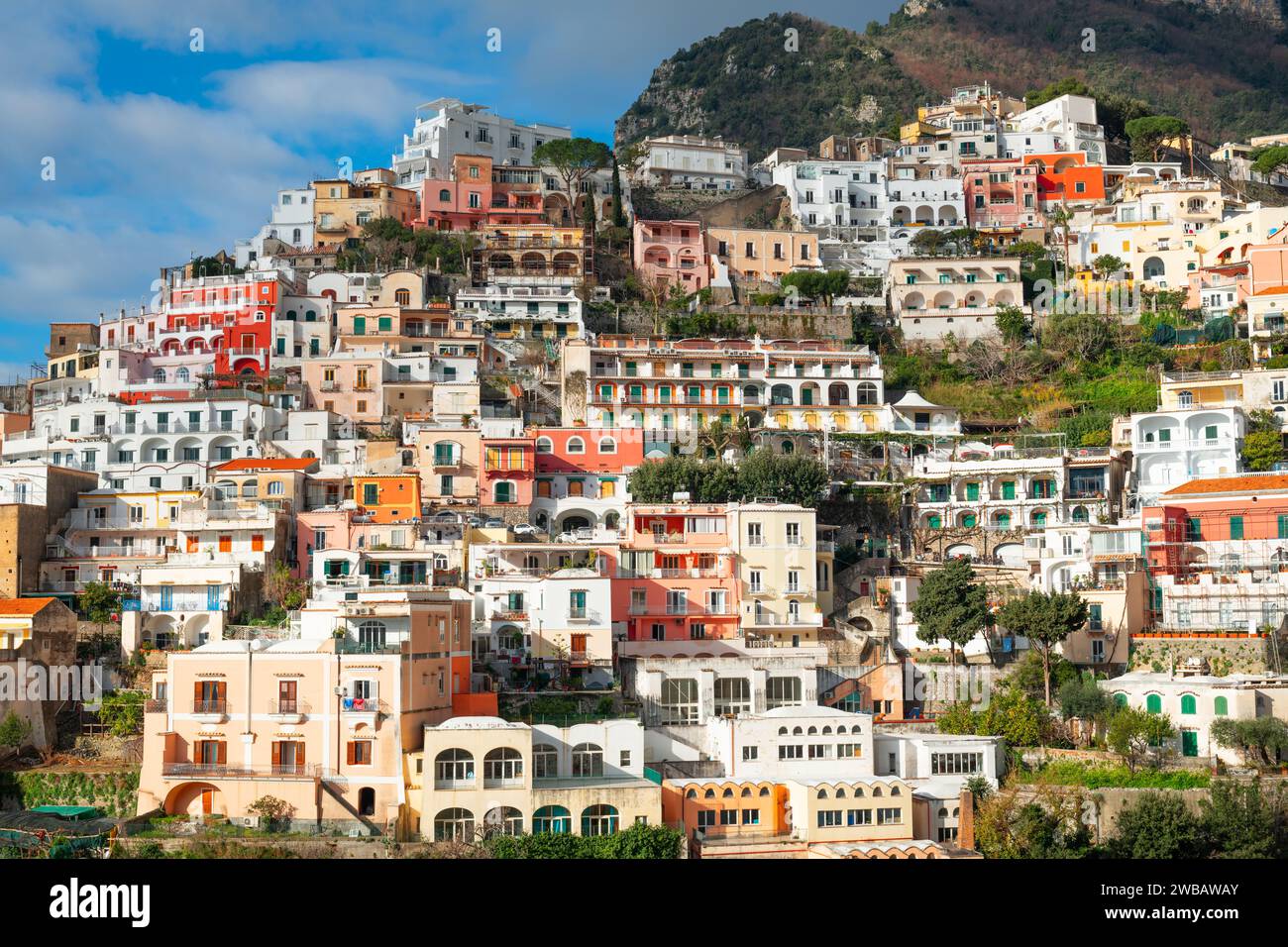 Positano, Italia nel pomeriggio lungo la Costiera Amalfitana. Foto Stock