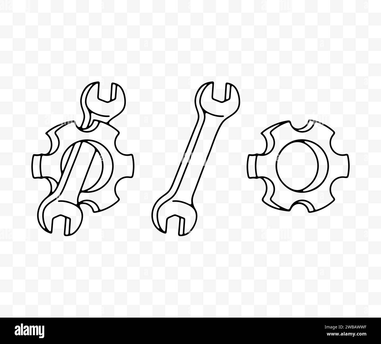 Ingranaggio, ruota dentata, ruota dentata, chiave e chiave, design grafico lineare. Officina di riparazione, officina, officina di riparazione auto e assistenza auto, design vettoriale Illustrazione Vettoriale