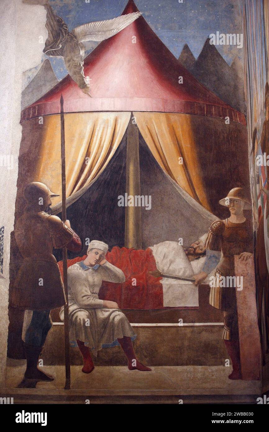Italia Toscana Arezzo: Chiesa di San Francesco: Dettagli dell'affresco di Piero della Francesca sulla storia della vera Croce - sogno di Costantino Foto Stock
