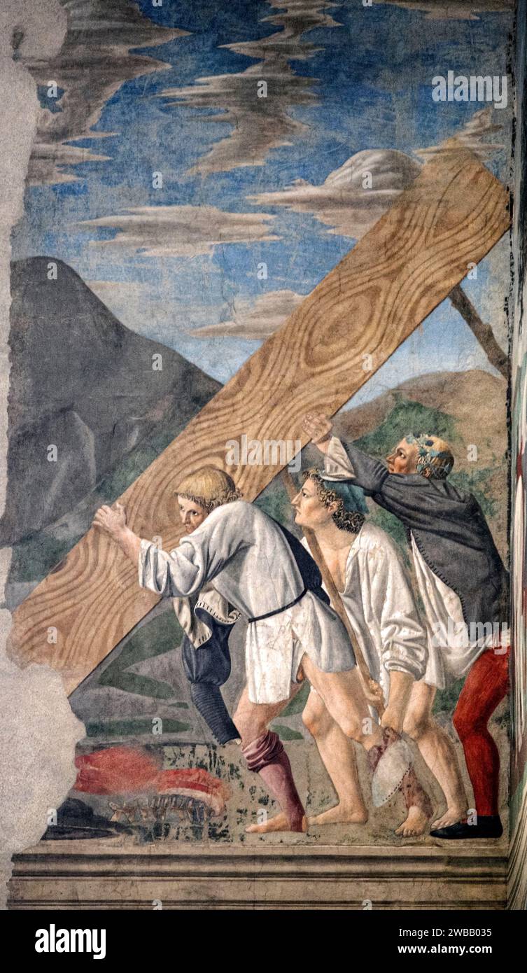 Italia Toscana Arezzo: Chiesa di San Francesco: Dettagli dell'affresco di Piero della Francesca sulla storia della vera Croce - sepoltura del bosco Foto Stock