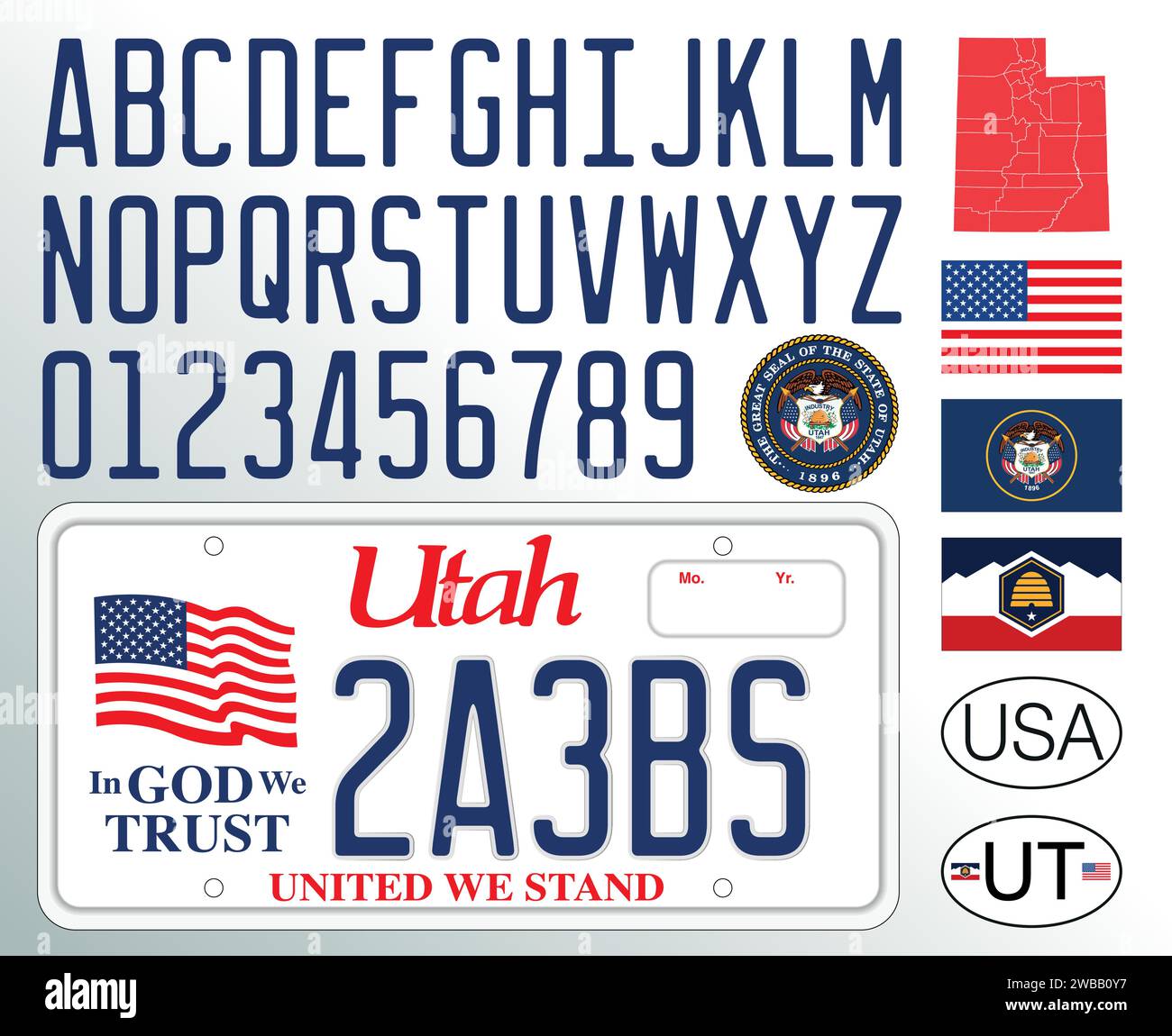 Modello di targa per auto nello Utah, lettere, numeri e simboli, illustrazione vettoriale, USA, Stati Uniti d'America Illustrazione Vettoriale