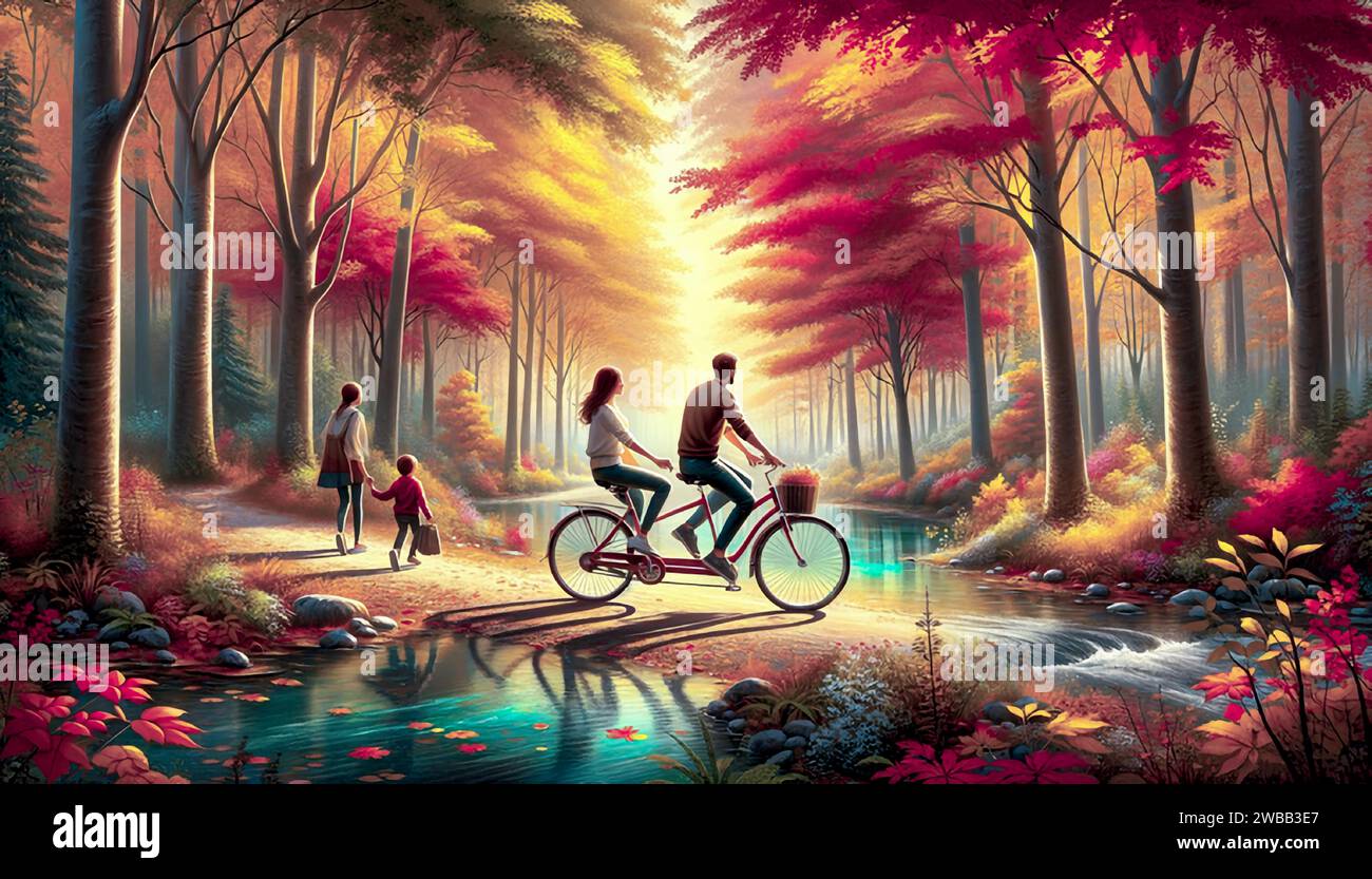 Ausflug zweier Personen auf ihrem Fahrrad. Illustrazione digitale Illustrazione Vettoriale