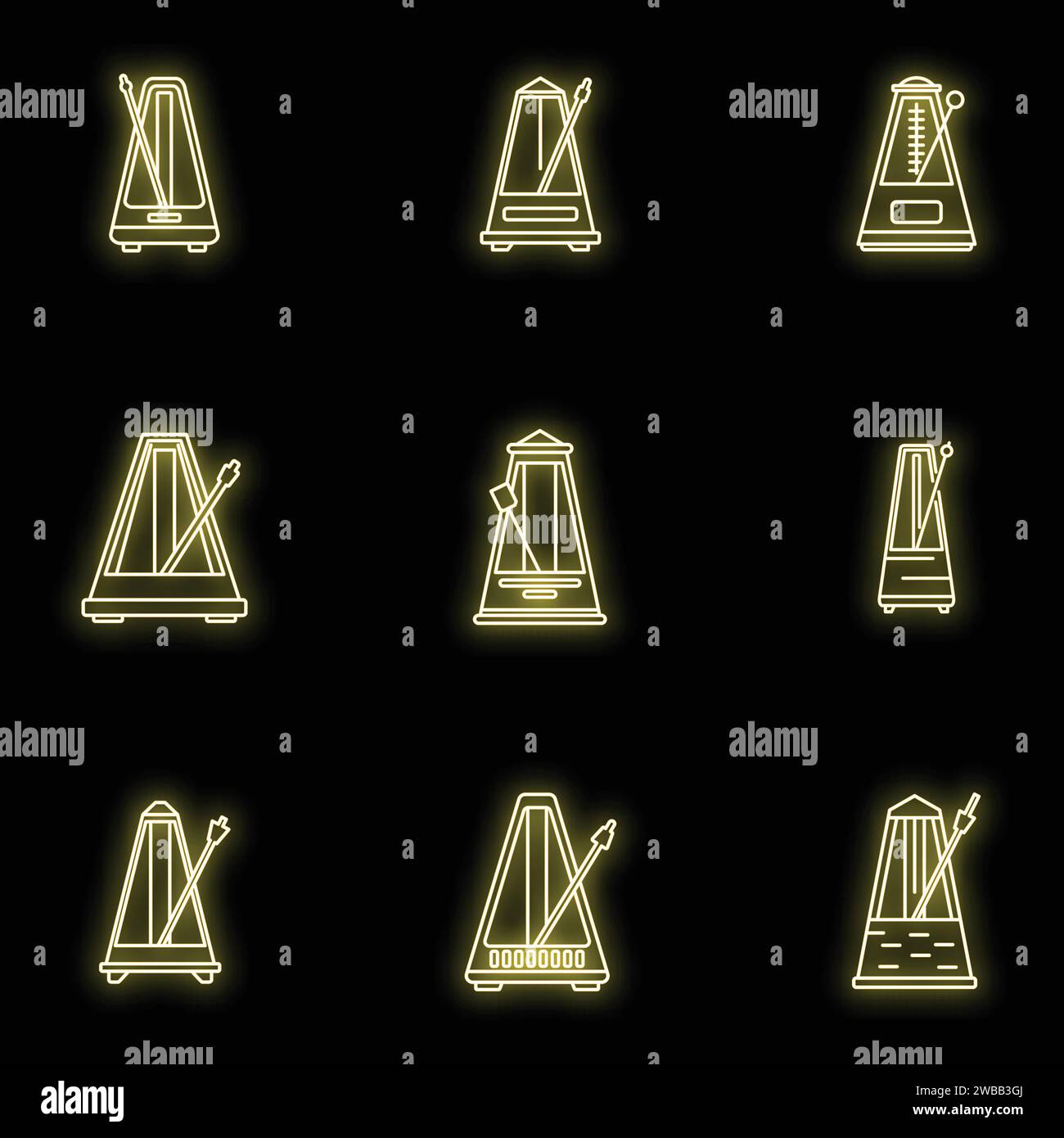 Set di icone dei battiti metronomi. Set di contorni delle icone vettoriali dei battiti del metronomo colore neon sul nero Illustrazione Vettoriale